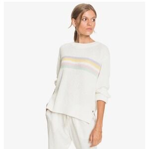 ROXY Morning Mood Boxy Sweater Wmns LARGE Rainbow Stripe White Knit Sufer Lounge